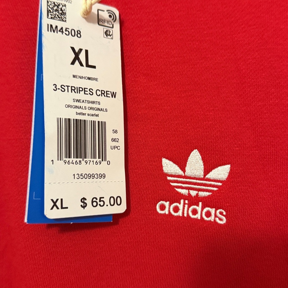 Adidas 3 Stripes Crewneck pullover sweater Mens XL Red New - Picture 3 of 5